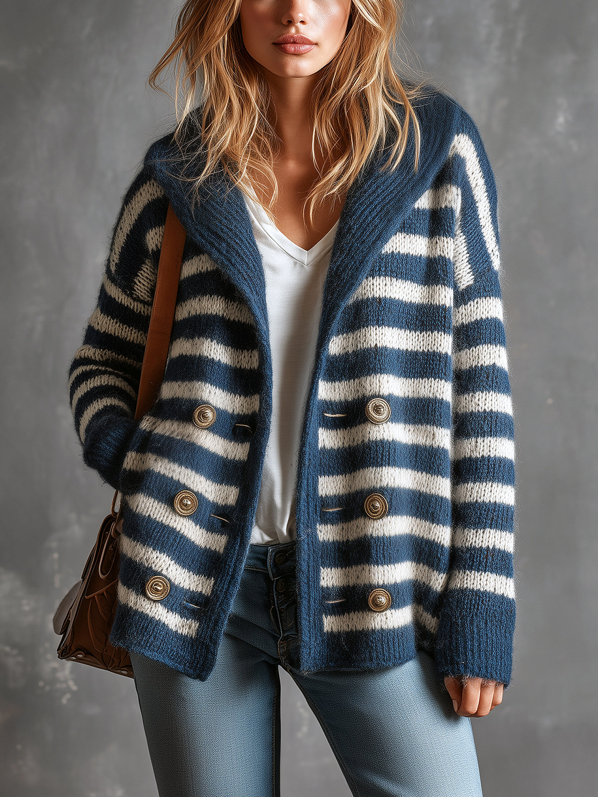 Cardigan marine à fines rayures — vue portée de face, haut blanc et jean bleu, mains près des poches