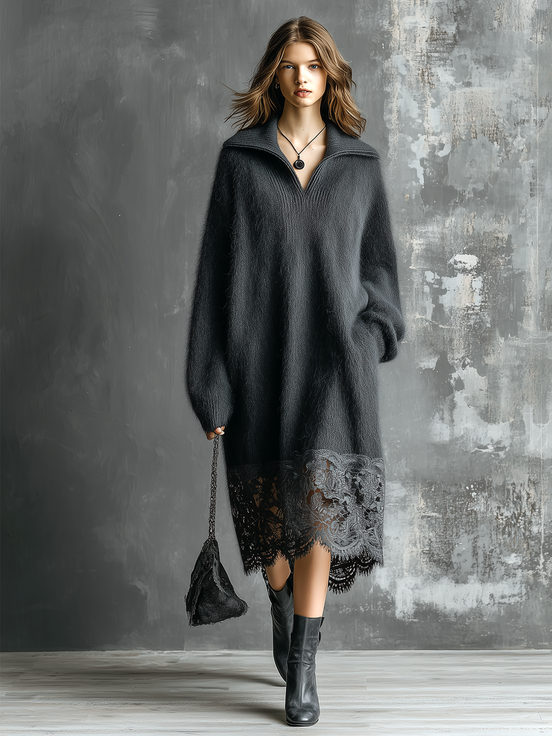 Robe anthracite à base dentelle, vue d'ensemble de face