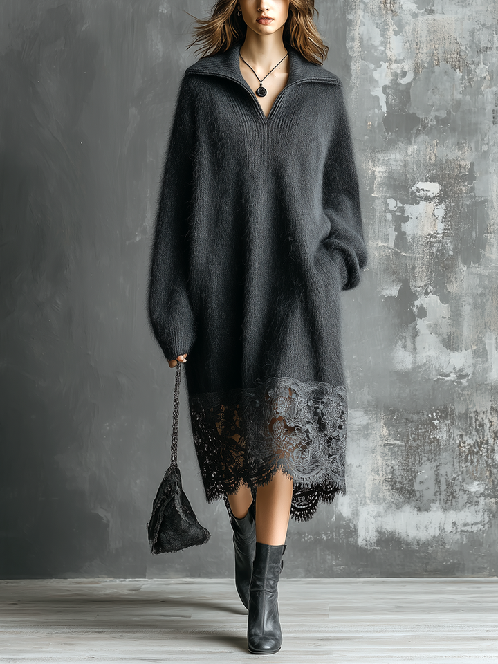 Robe anthracite à base dentelle, vue de face