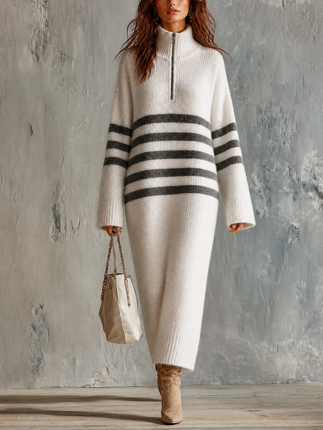 Robe longue blanc cassé rayée, vue de face