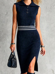 Robe midi marine rayures — gros plan du col polo, des boutons et de la ceinture rayée