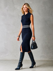 Robe midi marine rayures — vue portée de profil gauche
