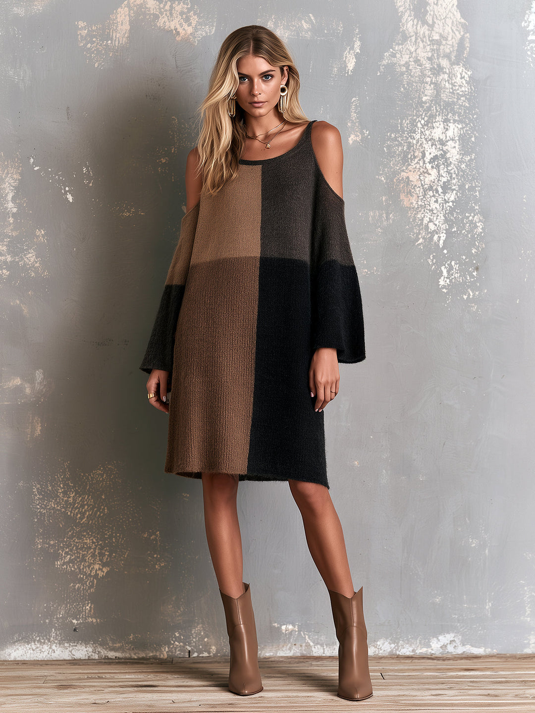 Robe midi noire et brune, vue d'ensemble de face