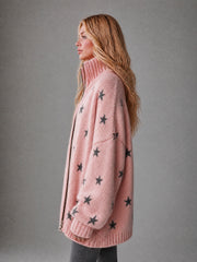 Cardigan rose et noir étoiles — vue portée de profil