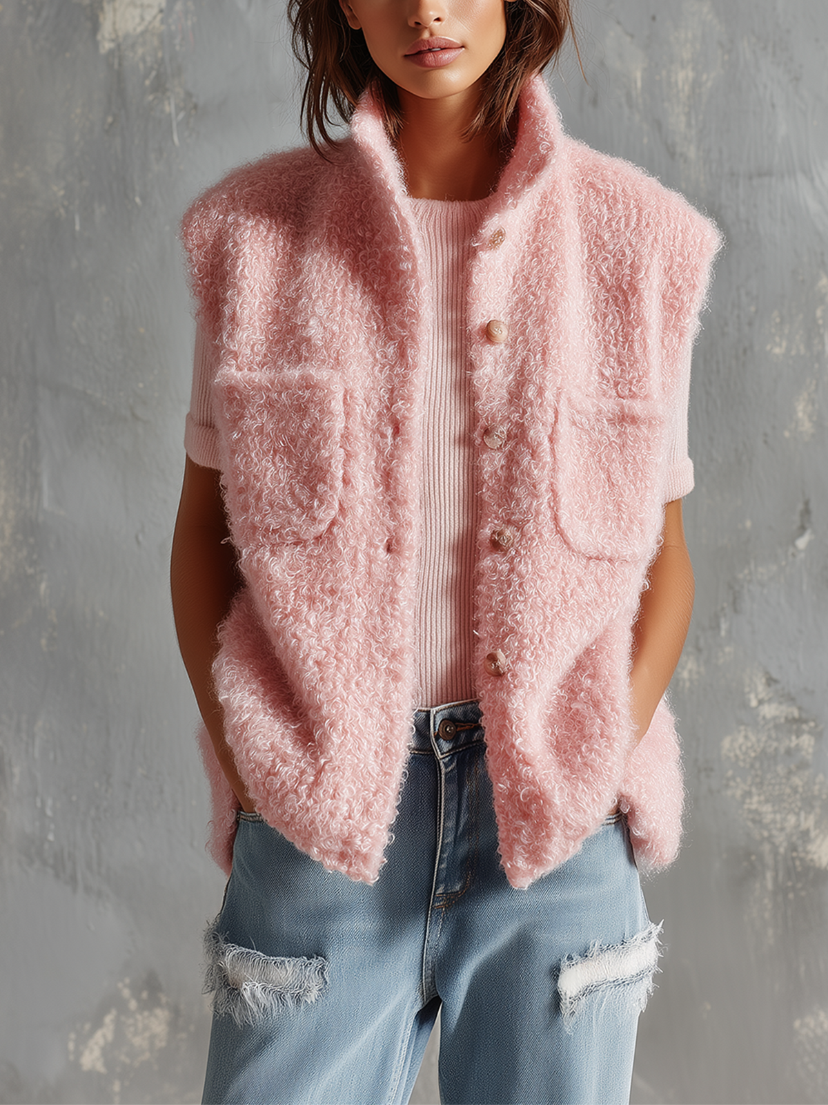 Gilet rose duveteux col montant — vue portée de face, sur un t-shirt rose et jean clair déchiré