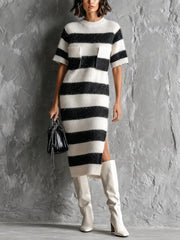 Robe midi blanche et noire à rayures.