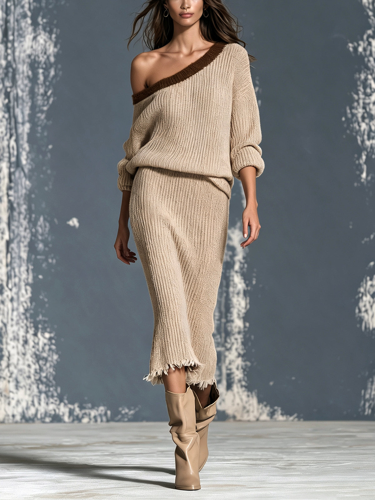 Ensemble pull épaule jupe midi — vue portée en pied, bottines souples à bout pointu