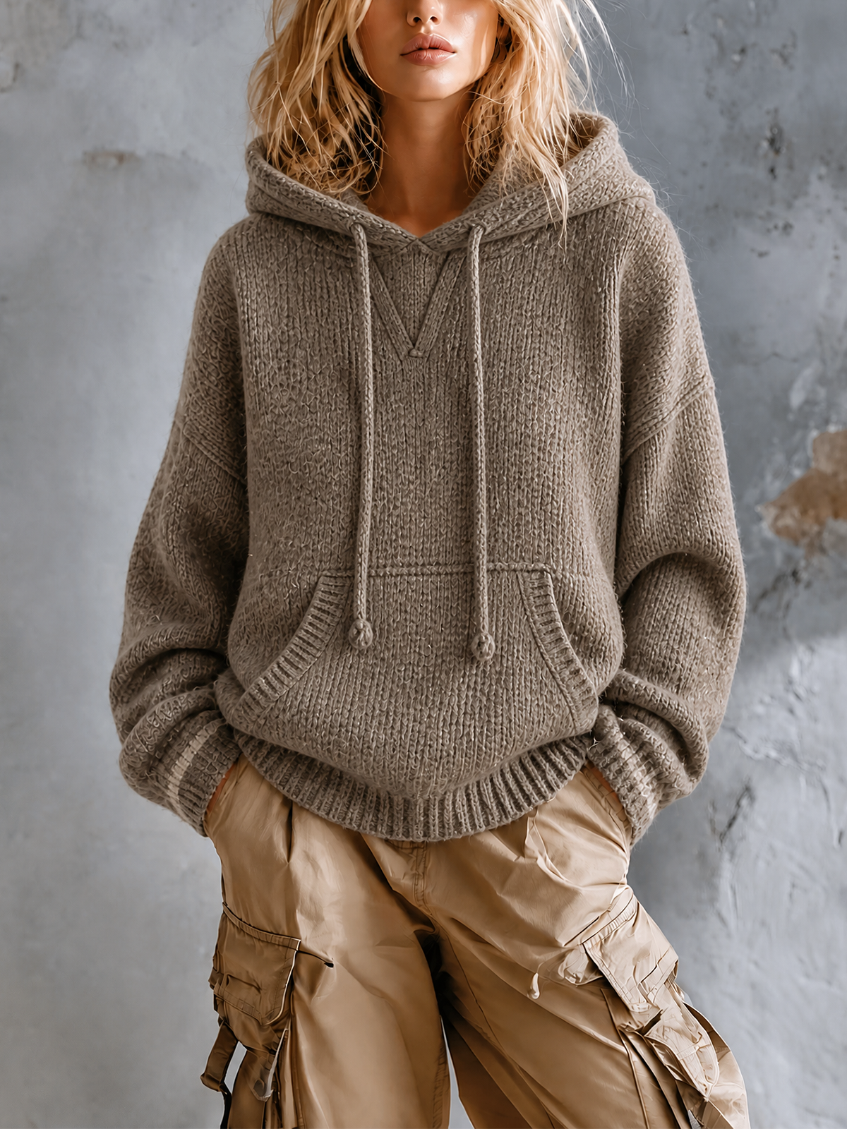 Pull taupe à capuche — vue portée de face, large poche kangourou