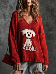 Pull rouge à motif chien — vue portée de face, grand chien blanc sur le devant, jean clair déchiré