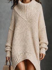 Robe-pull écrue à ourlet asymétrique — détail du col et de l’ourlet.