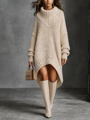 Robe-pull écrue à ourlet asymétrique — vue portée de face.