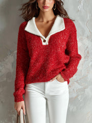 Pull rouge à col blanc — vue portée de face.