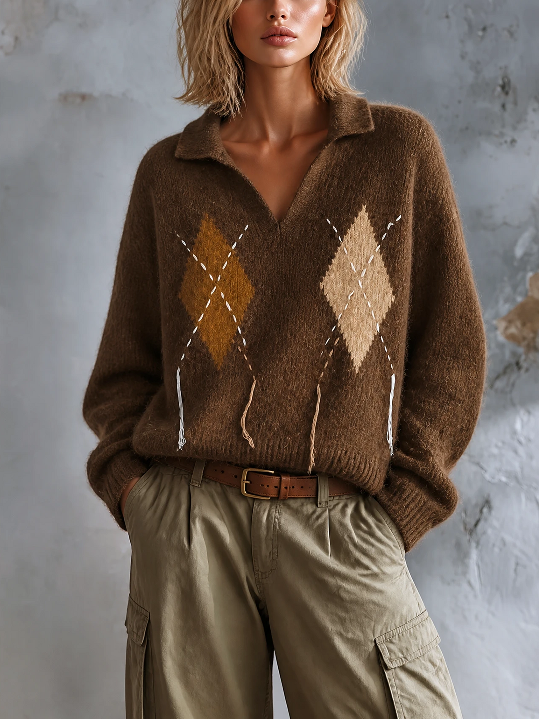 Pull brun à losanges — vue de face. Soniel Paris.