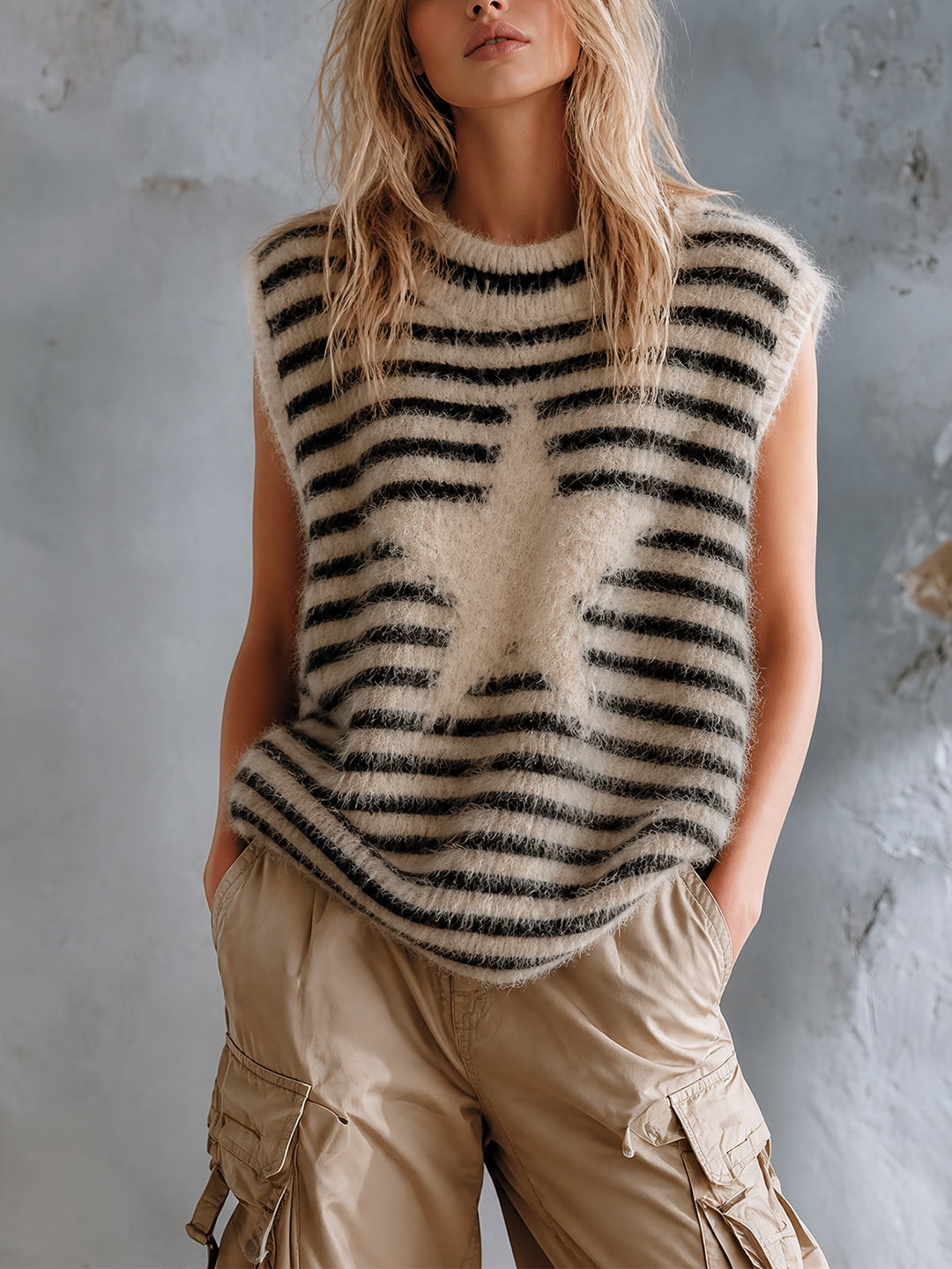 Pull sans manches écru à rayures noires et motif étoile — vue de face. Soniel Paris.