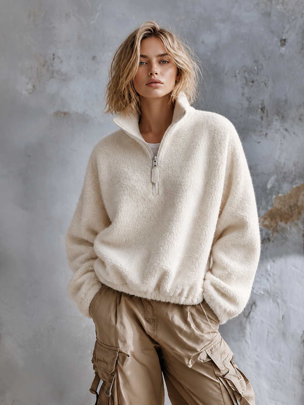 Sweat écru à col zippé — vue portée