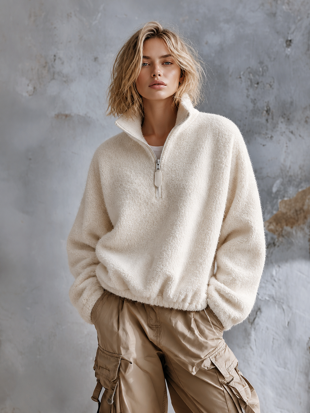 Sweat écru à col zippé — vue portée