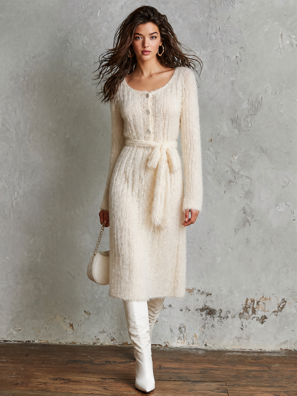 Robe écrue à taille nouée — vue portée de face, plan large. Soniel Paris.
