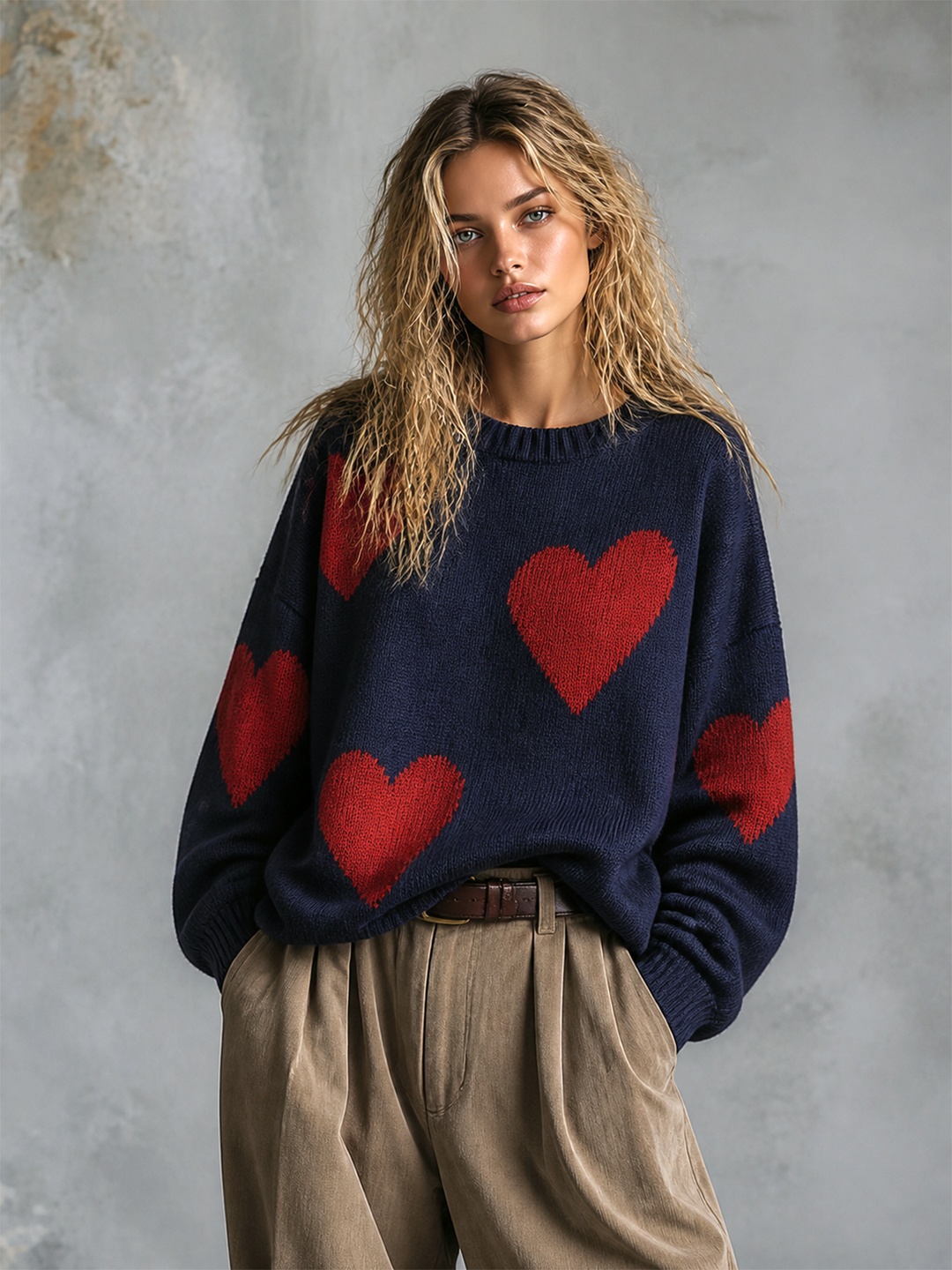 Pull bleu marine à cœurs rouges — vue de profil. Soniel Paris.