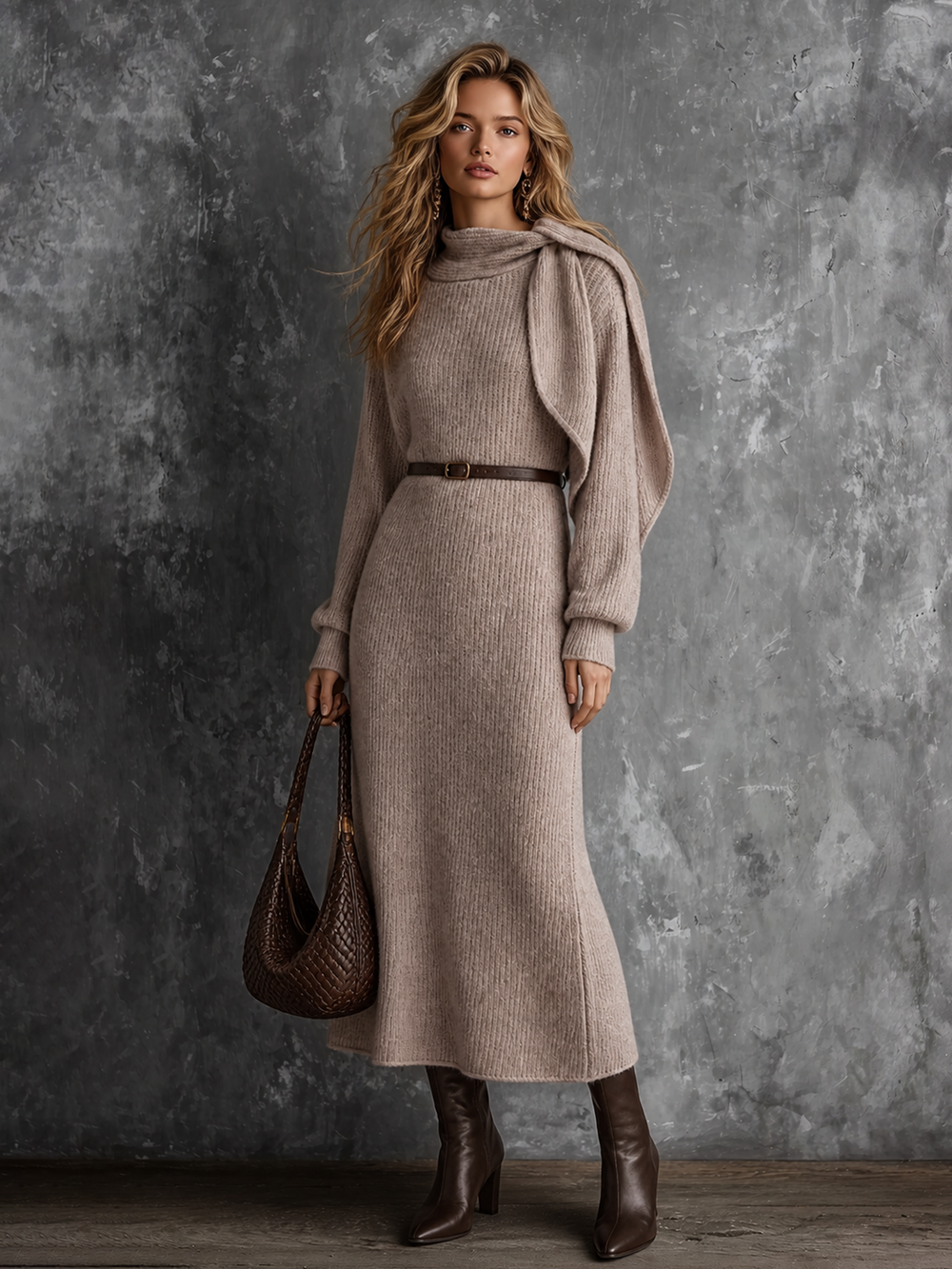Robe longue taupe à col drapé — vue de face. Soniel Paris.
