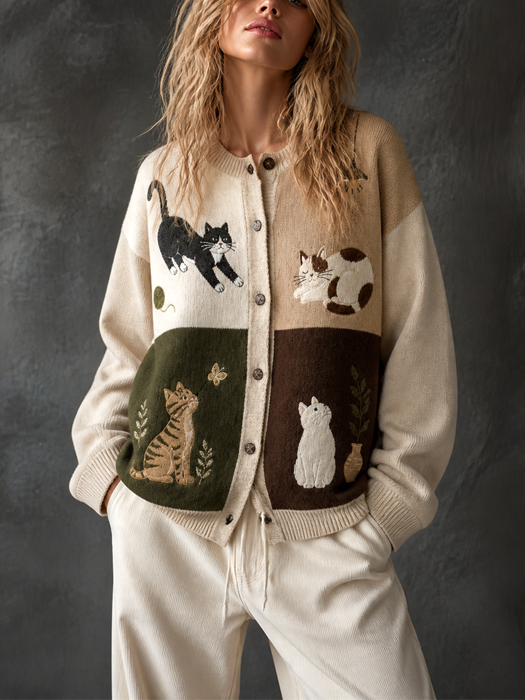 Cardigan boutonné à motifs de chats — vue portée de face