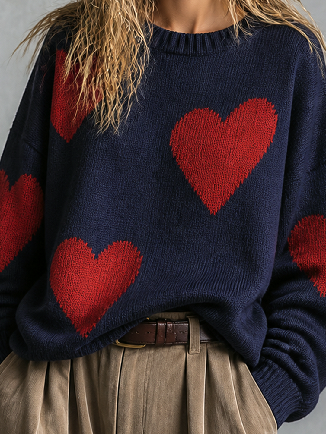 Pull bleu marine à cœurs rouges — vue de dos. Soniel Paris.
