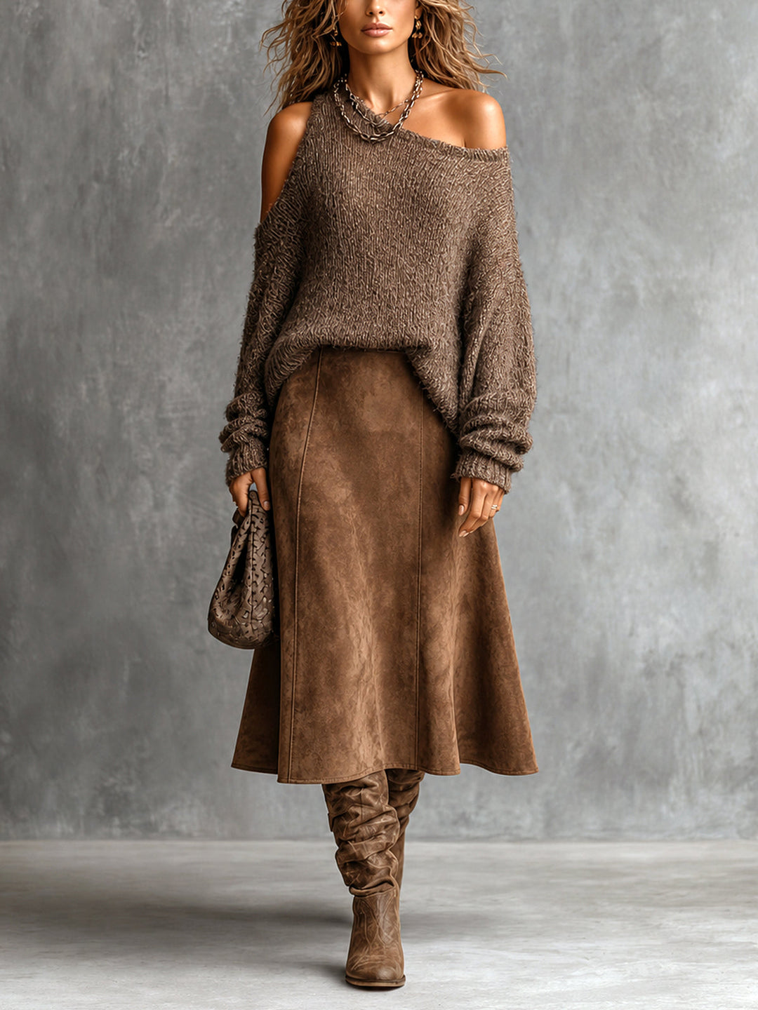 Ensemble pull asymétrique marron et jupe midi — vue de face. Soniel Paris.