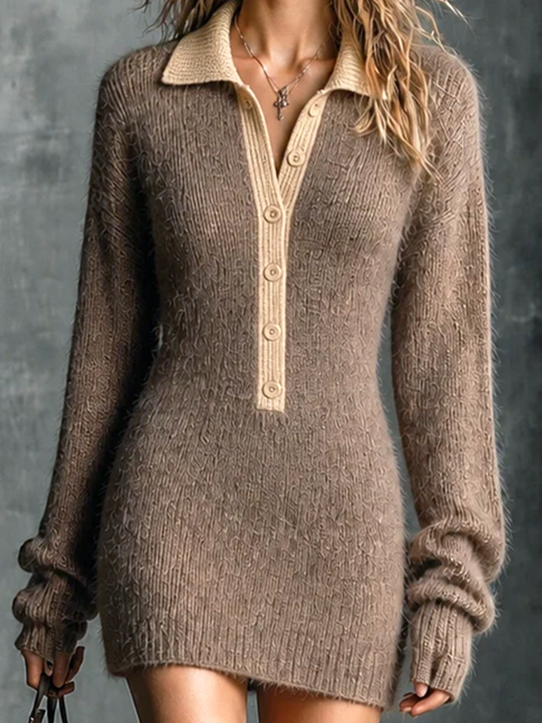 Robe taupe à col contrasté — gros plan du col contrasté. Soniel Paris.