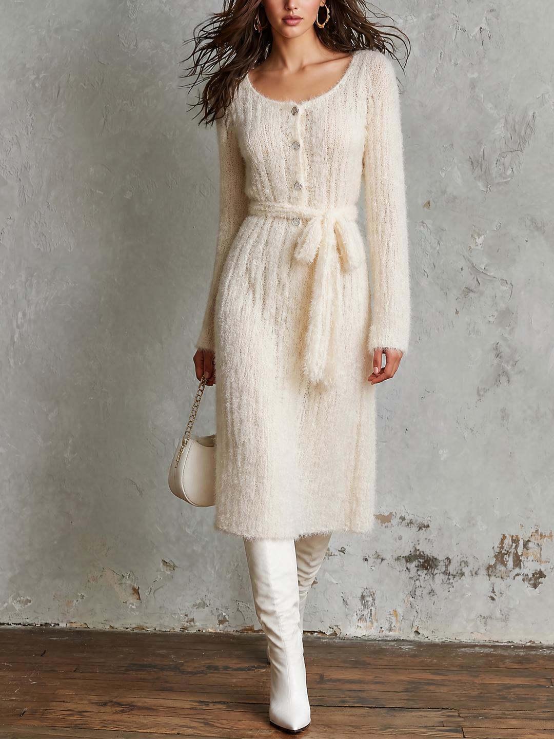 Robe écrue à taille nouée — vue de face. Soniel Paris.
