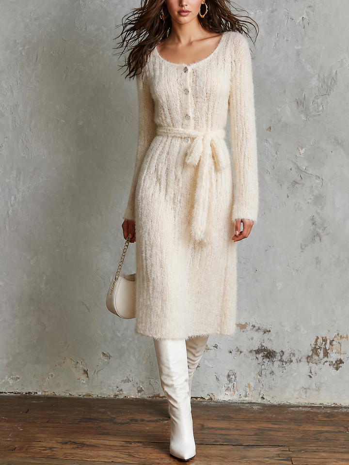 Robe écrue à taille nouée — vue de face. Soniel Paris.