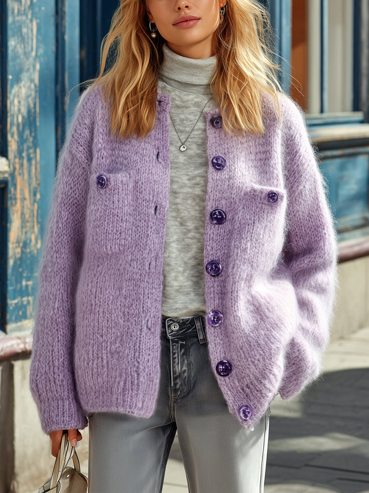 Cardigan lilas boutonné à poches plaquées — vue portée de face