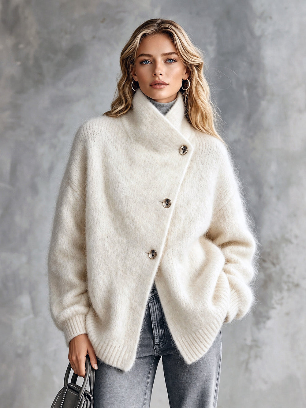 Cardigan crème à boutonnage asymétrique — vue portée