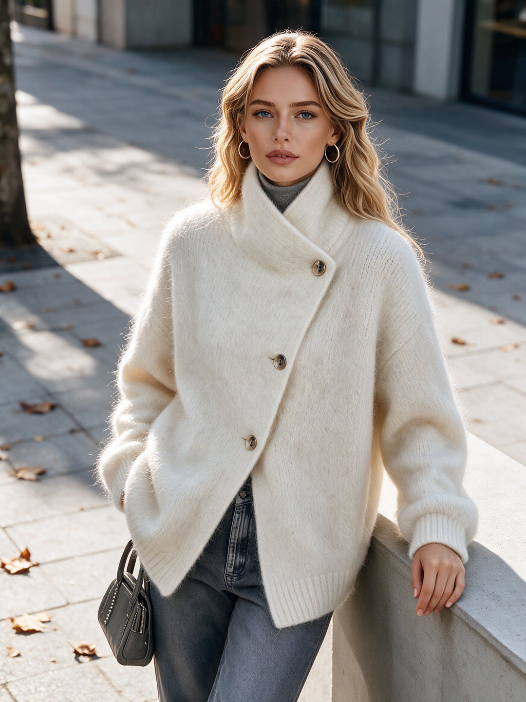 Cardigan crème à boutonnage asymétrique — vue portée en extérieur