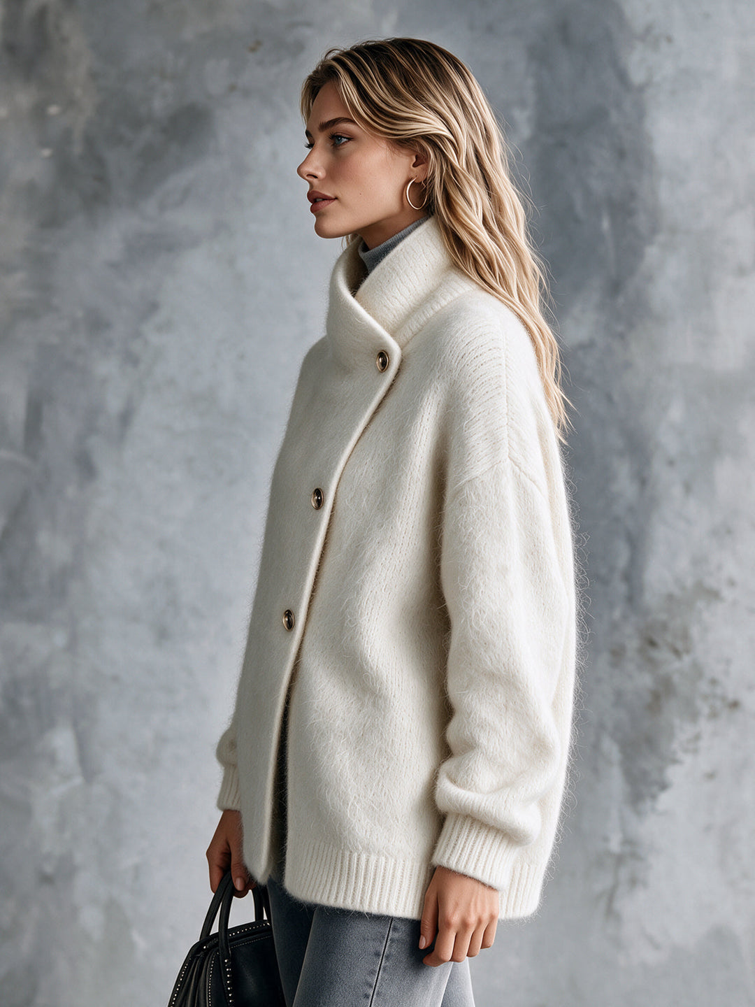 Cardigan crème à boutonnage asymétrique — vue de profil