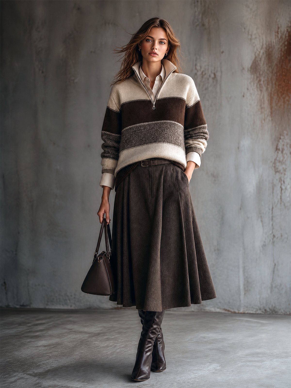 Ensemble pull zippé et jupe plissée — vue en pied.