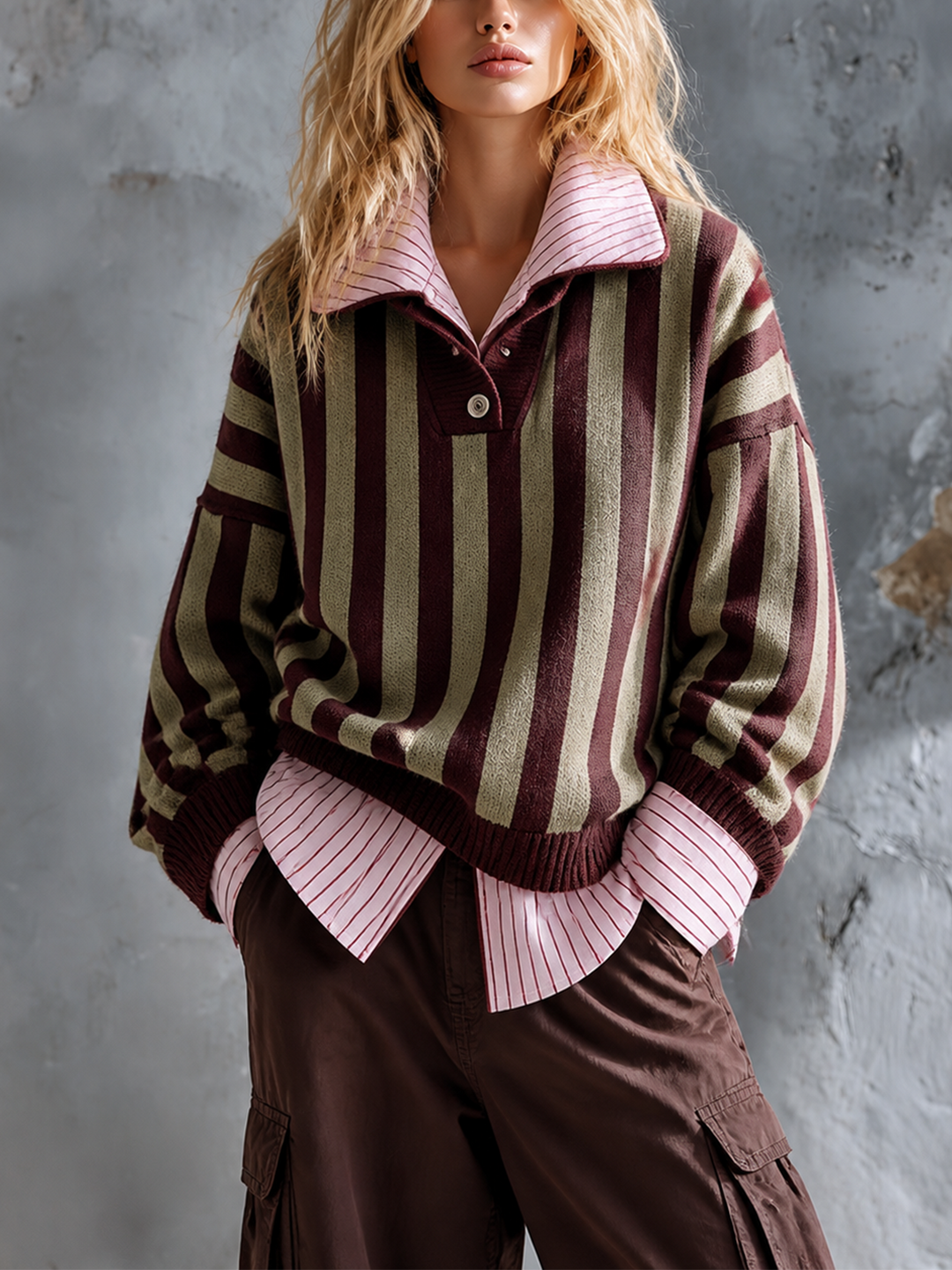 Pull à rayures olive et bordeaux — vue de face. Soniel Paris.