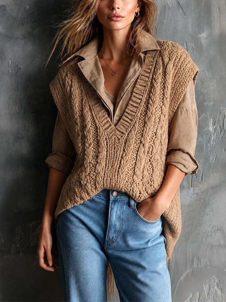 Pull sans manches camel à torsades et col V — présentation portée. Soniel Paris.