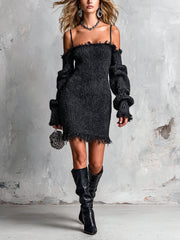 Robe noire chinée à épaules dégagées — vue de face. Soniel Paris.