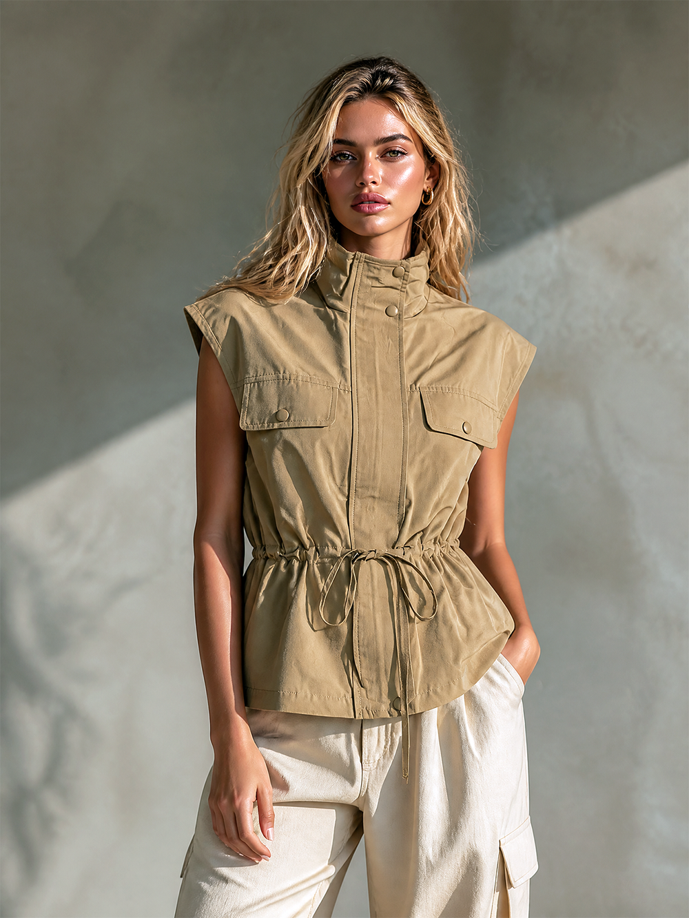 Gilet utilitaire à taille ajustable — vue de profil. Soniel Paris.
