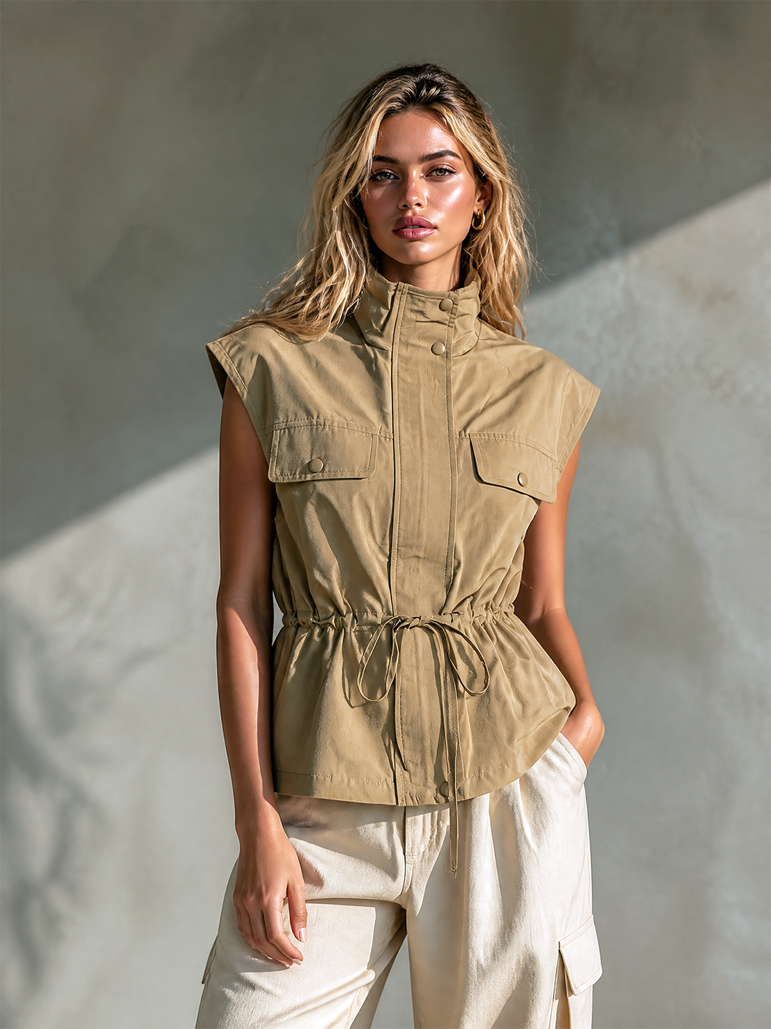 Gilet utilitaire à taille ajustable — vue de profil. Soniel Paris.
