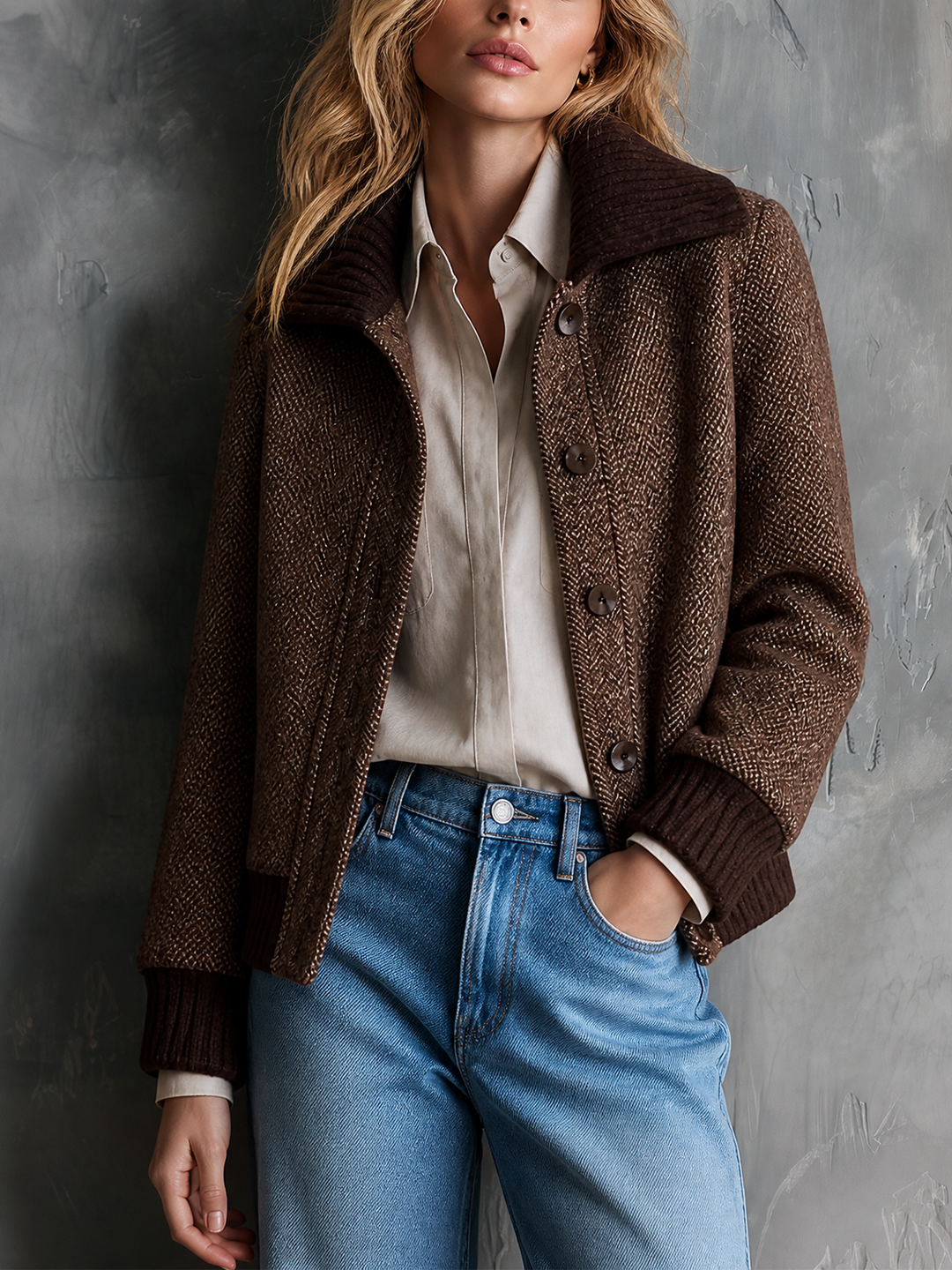 Veste brune à col contrastant — vue portée de face