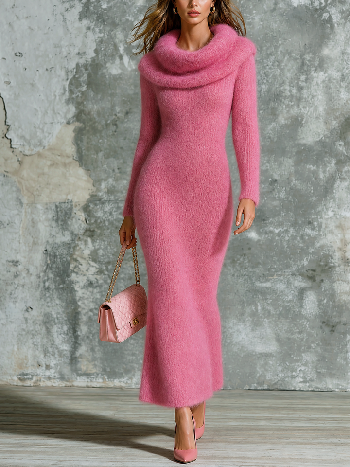 Robe longue rose à col drapé — vue de face. Soniel Paris.