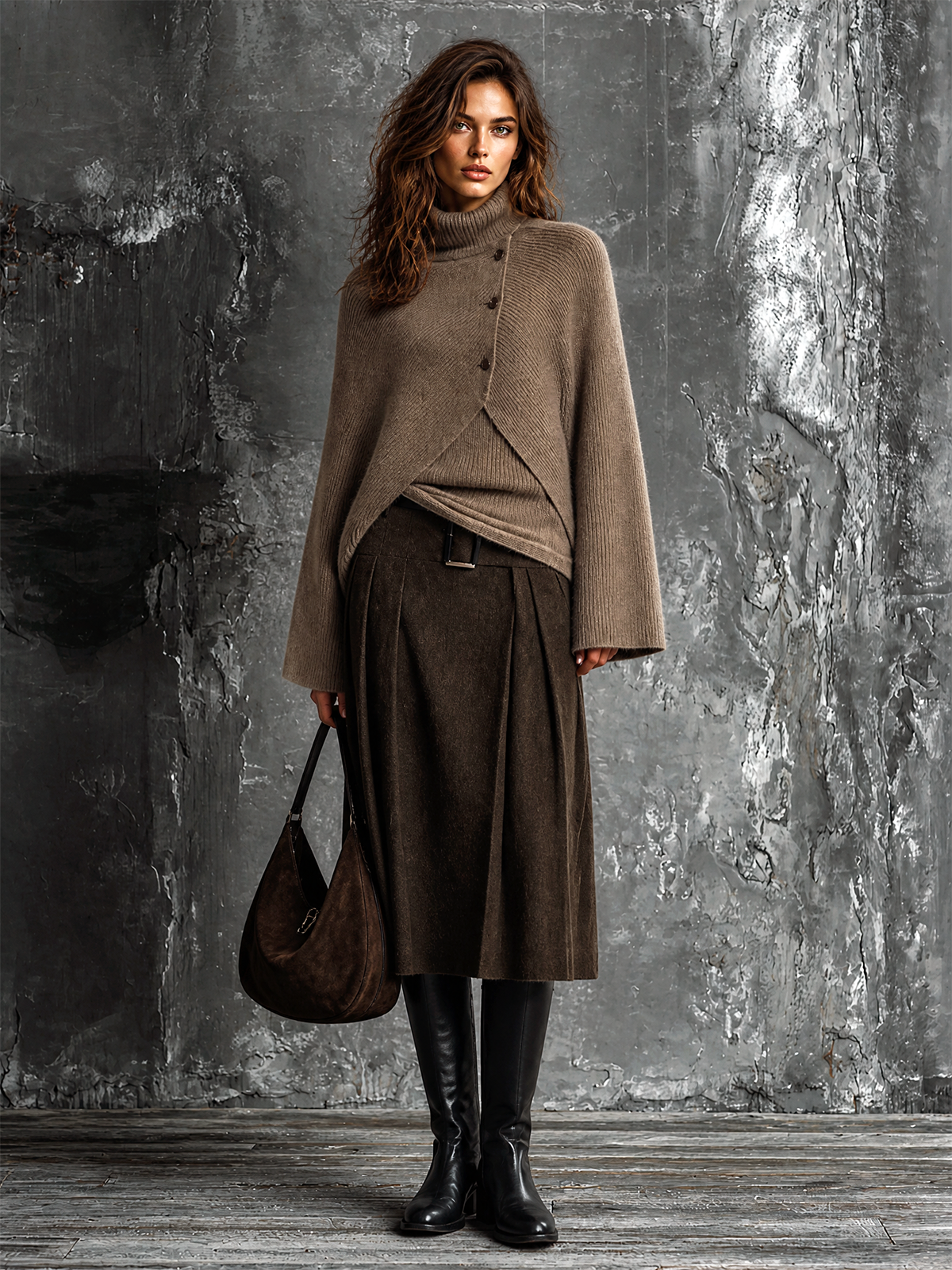 Haut taupe et jupe plissée marron — vue en pied.