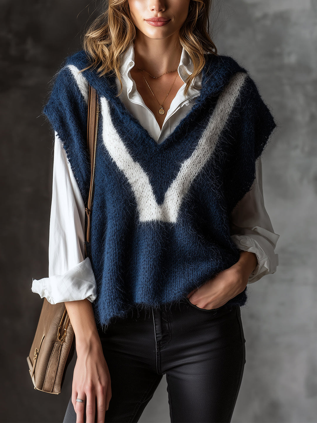 Gilet bicolore bleu marine et blanc — vue portée de face