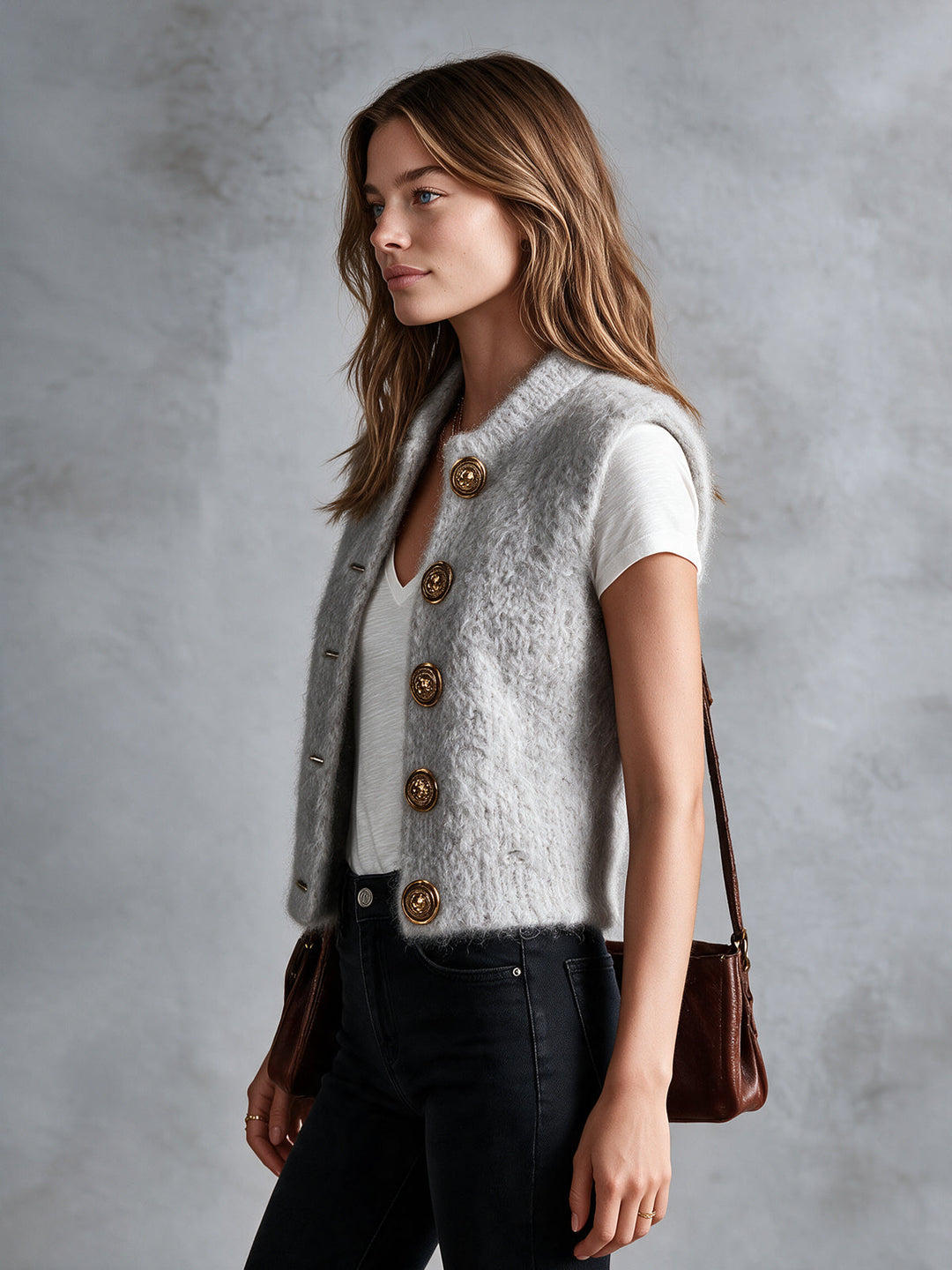 Gilet gris clair boutonné — vue de profil