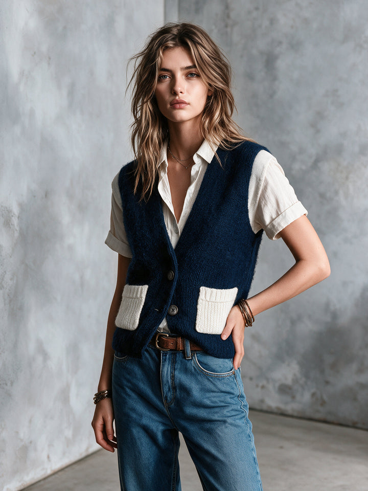Gilet bleu marine et blanc à col V — vue portée en pied