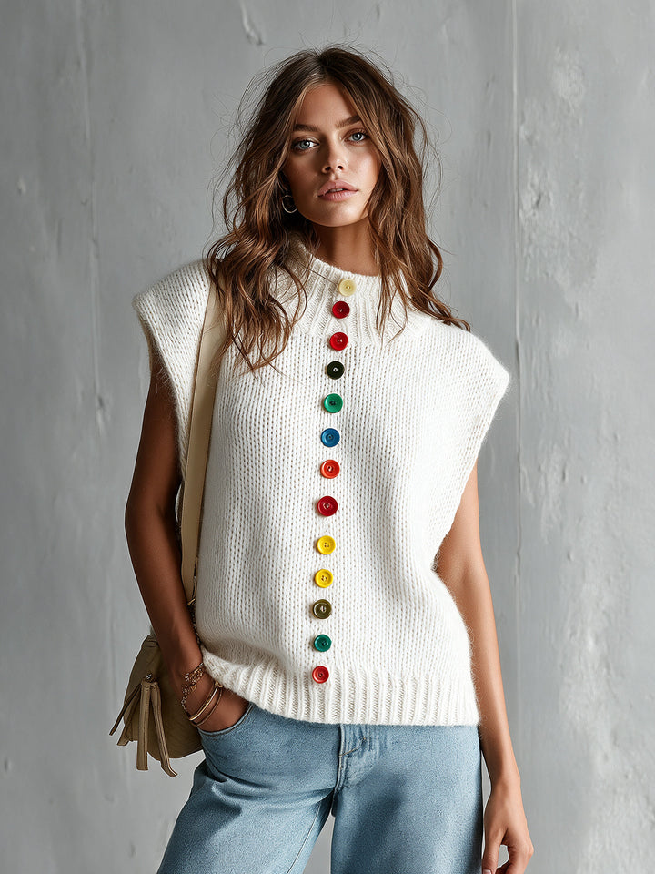 Pull sans manches crème à boutons multicolores, vue portée de face