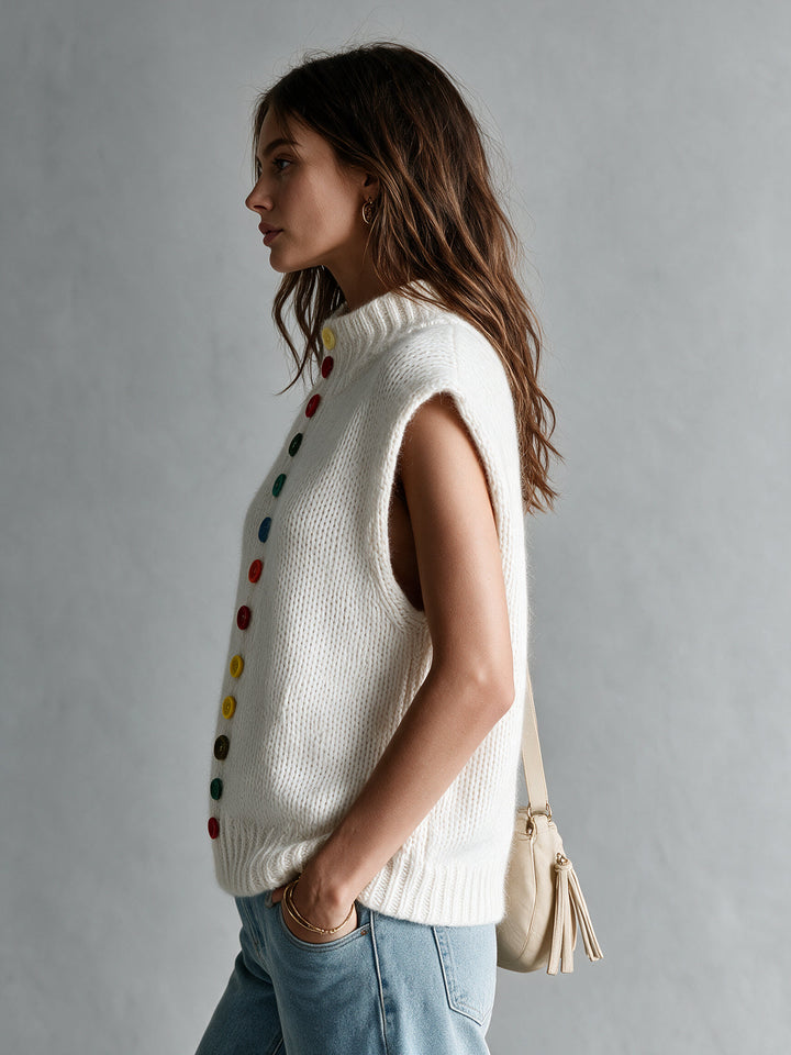 Pull sans manches crème à boutons multicolores, vue portée de profil