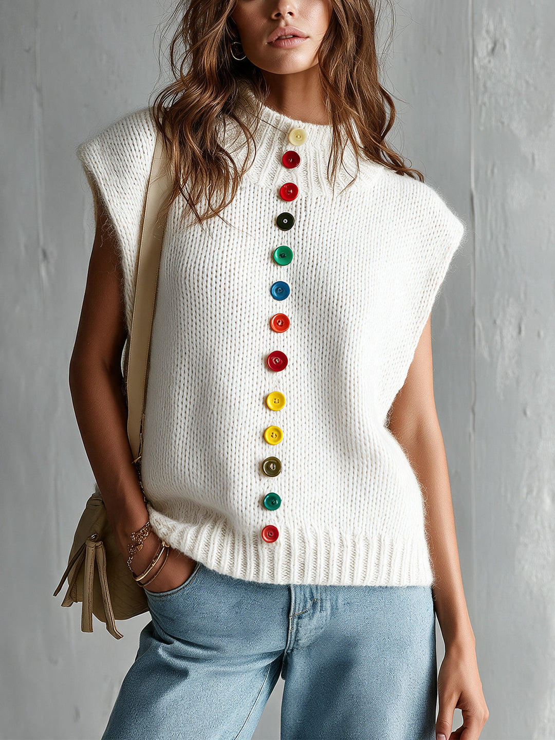 Pull sans manches crème à boutons multicolores, vue portée de face rapprochée