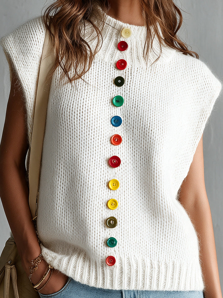 Pull sans manches crème, gros plan des boutons multicolores