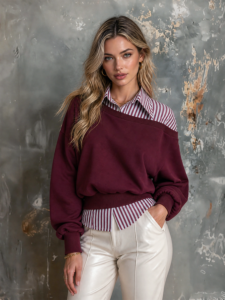 Sweat bordeaux à effet chemise rayée — vue de profil. Soniel Paris.